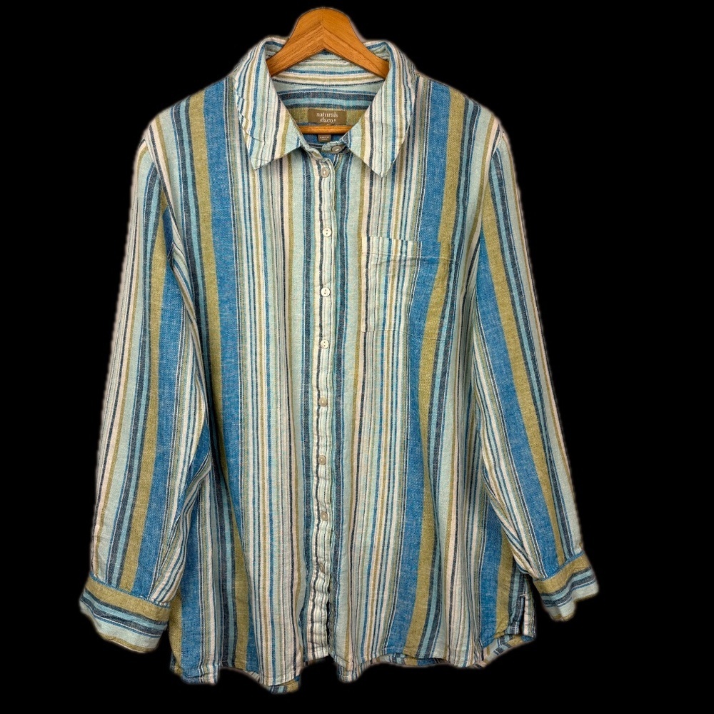 Naturals D&Co Women Linen Button Down LongSleeve Shirt Sz L Beach Coastal Summer